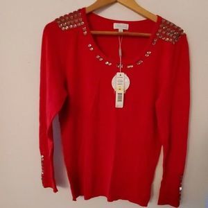 Joseph A. Gem Embellished‎ Sweater Poinsettia Red M